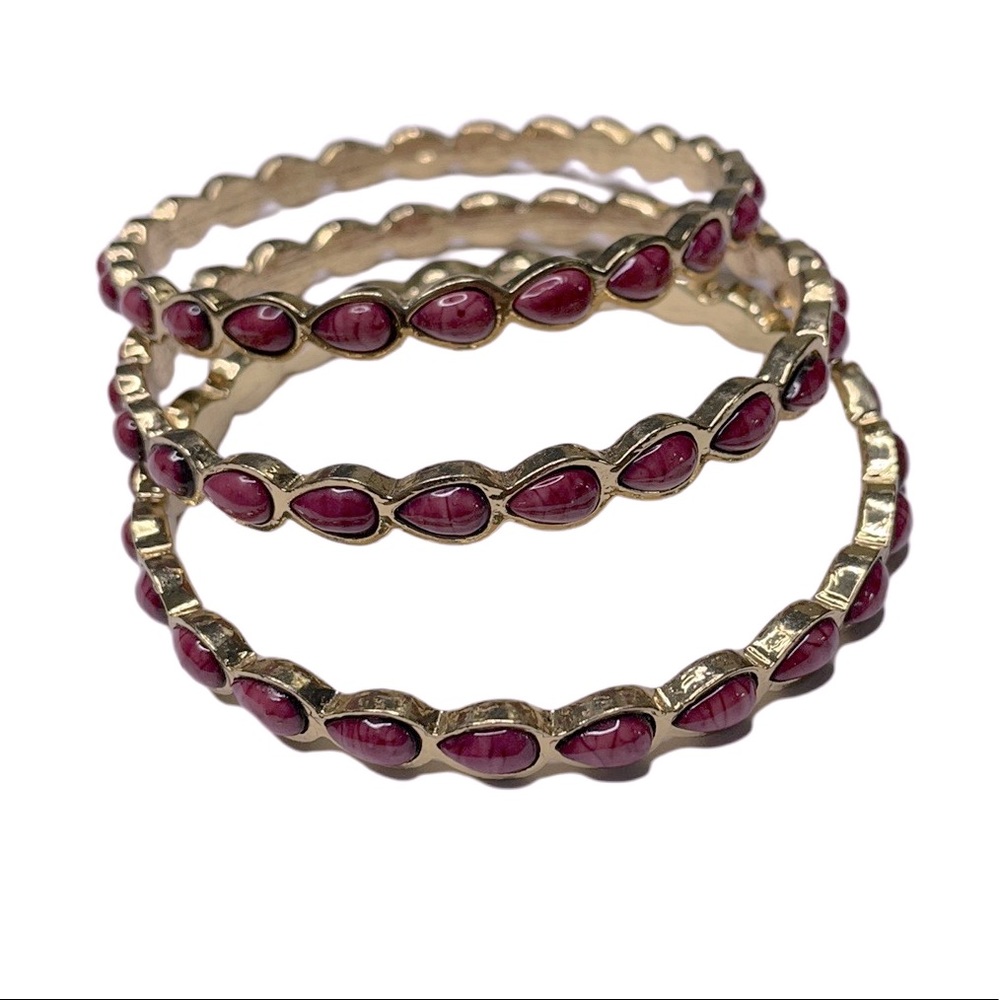 Rose Marbled Pear Shape Stone & Gold Tone Costume 3-Piece Bangle Bracelet Set